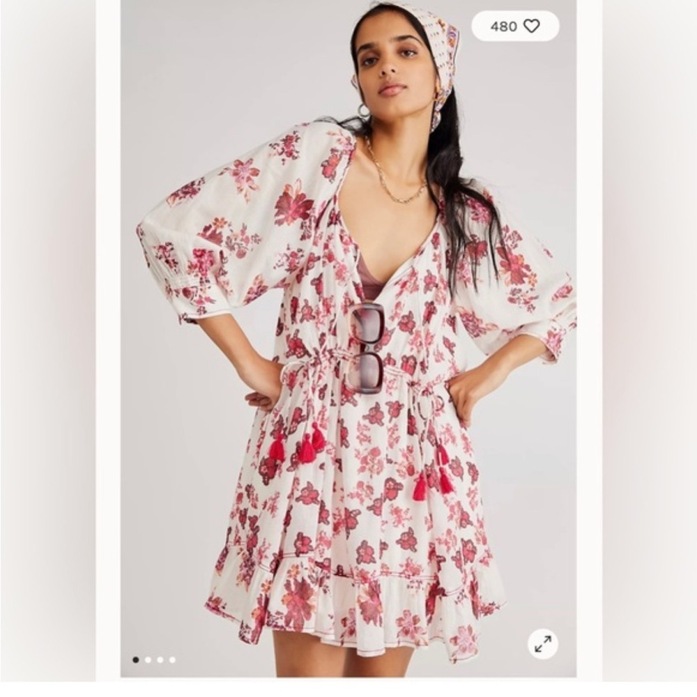 Free‎ People Floral Cemella Mini Dress - Cream and Red Small